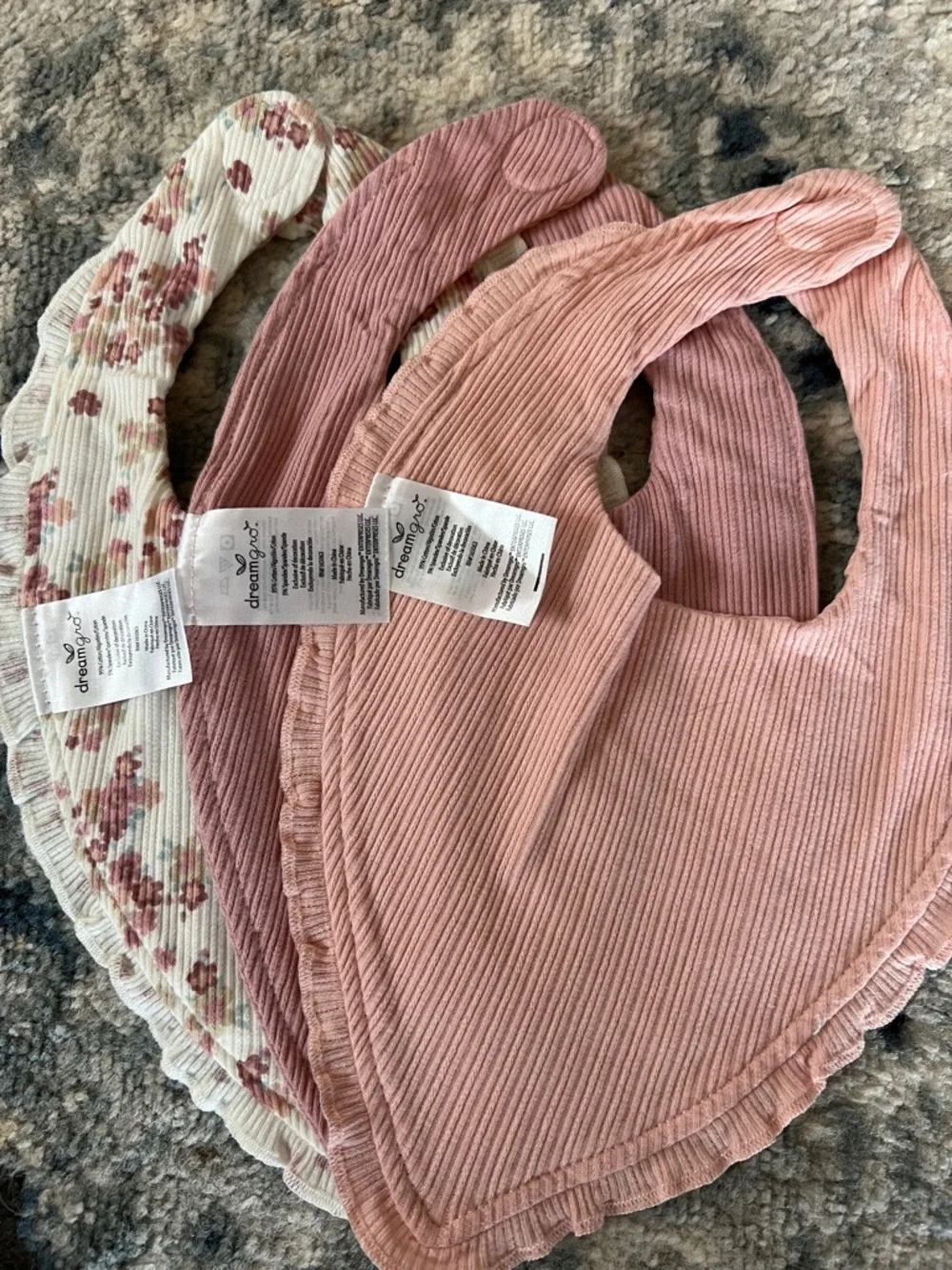 Set of 3 Pink and Cream Floral Ribbed Baby Bibs